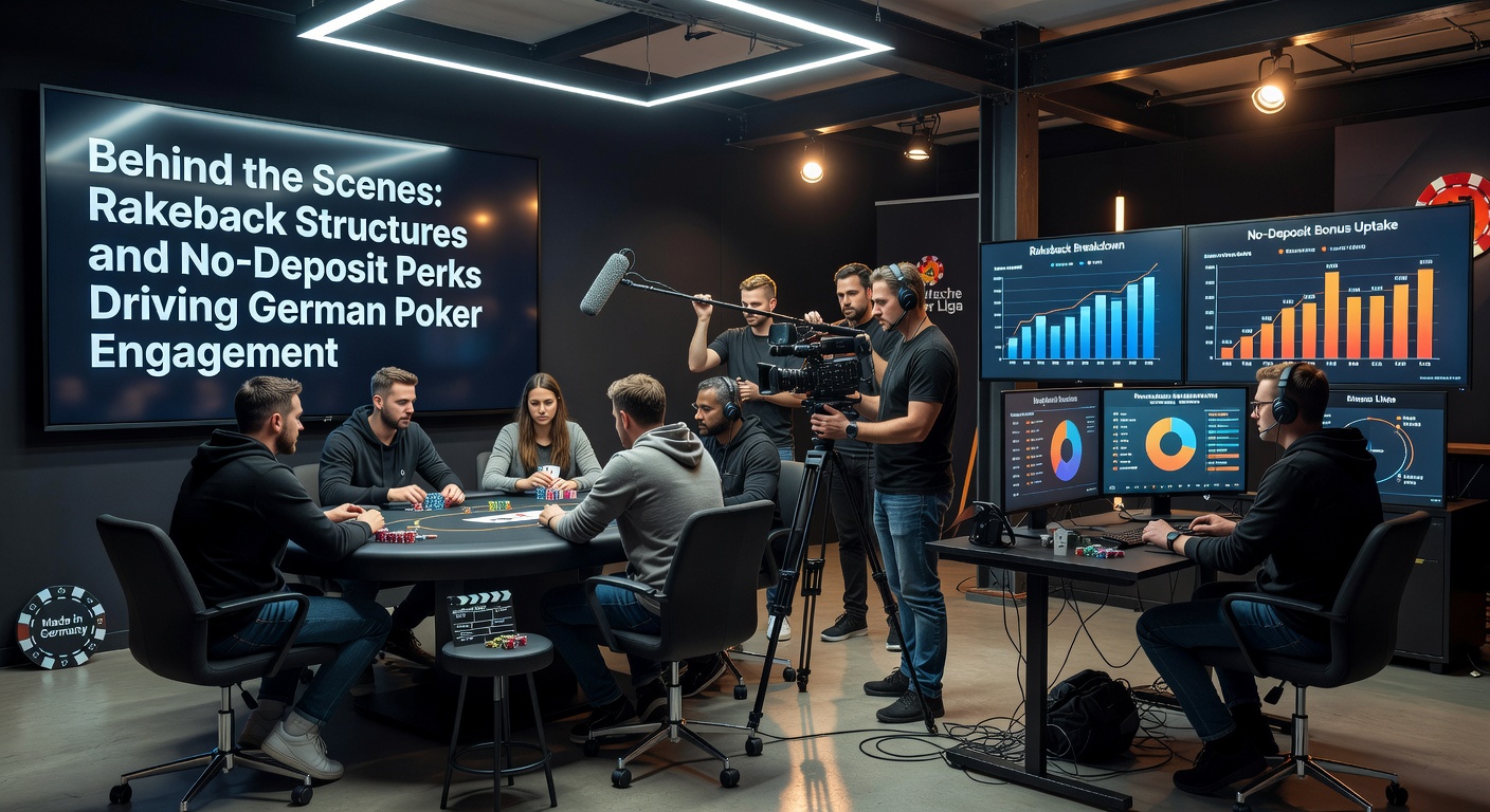 Grafik zeigt Rakeback-Strukturen und No-Deposit-Angebote in einem Poker-Interface mit deutschen Spielern im Fokus