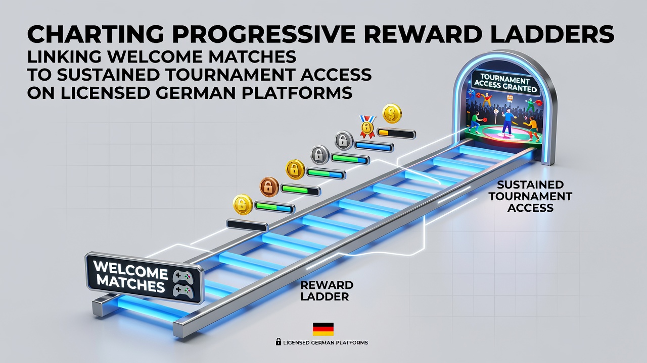 Darstellung progressiver Belohnungsleiter mit Willkommensmatch und Turnierzugängen auf deutschen Pokerplattformen