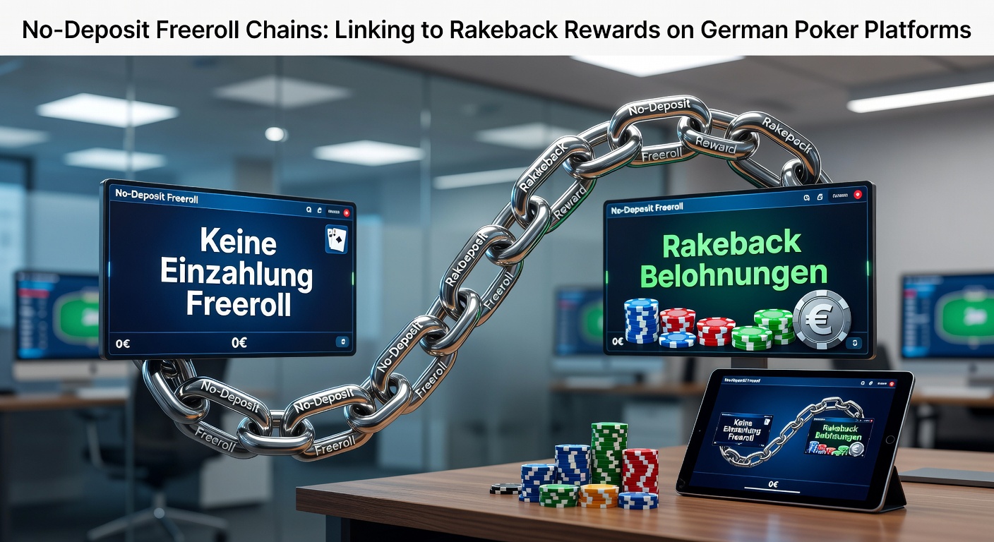 Grafik einer Kette aus Freeroll-Turnieren, die zu Rakeback-Belohnungen führt, mit Pokerchips und Plattform-Logos im Hintergrund