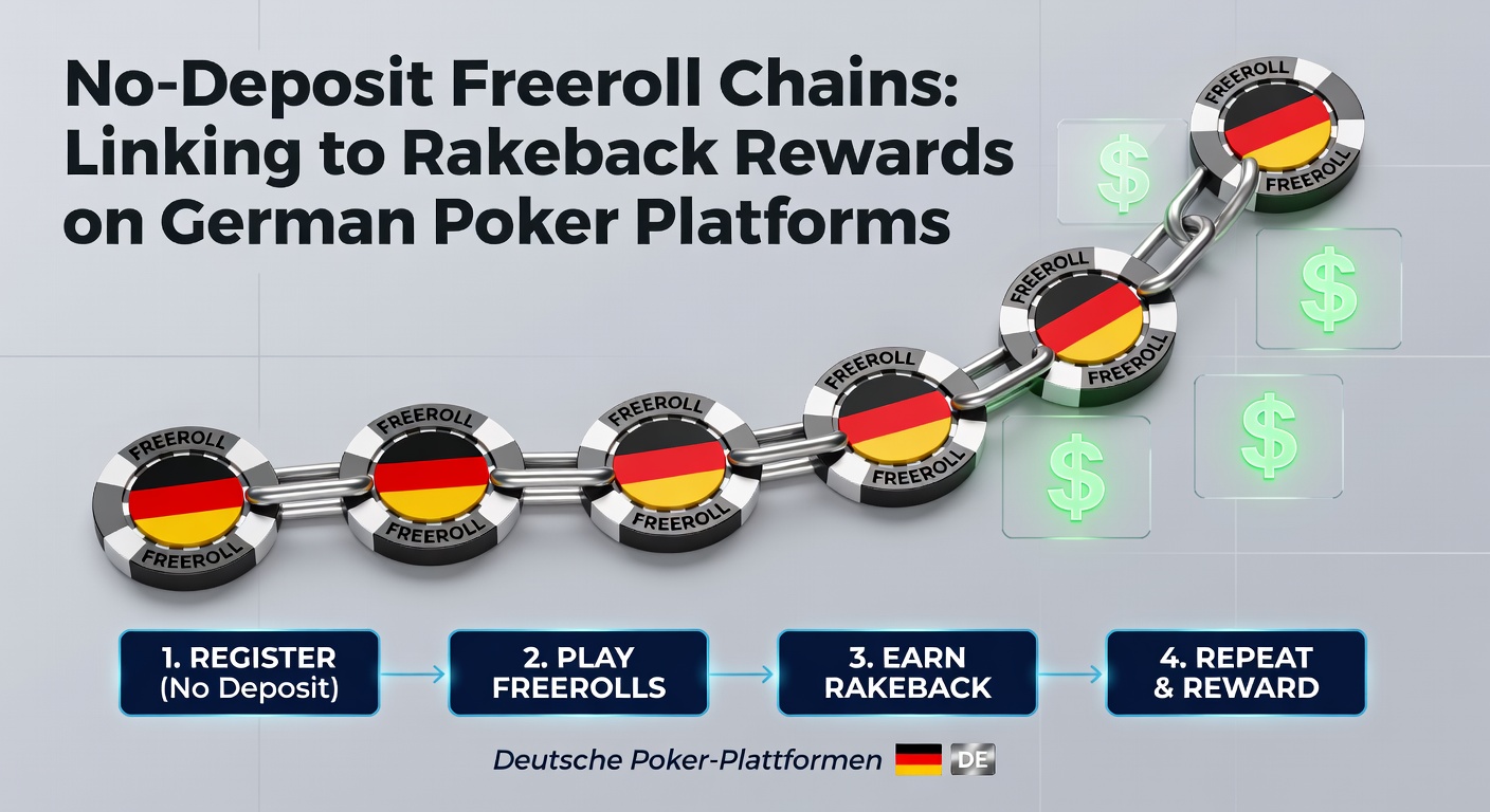 Detaillierte Infografik zu einer Freeroll-Chain mit Rakeback-Pfeilen, Pokerplattform-Screenshots und Erfolgsstatistiken für deutsche Nutzer